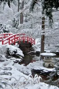 Red Bridge in Frozen Japanese Garden