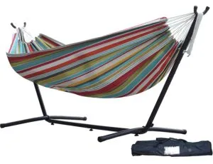 Vivere Double Hammock with Space Saving Steel Stand. Ciao with Charcoal FrameVivere Double Hammock with Space Saving Steel Stand. Ciao with Charcoal Frame