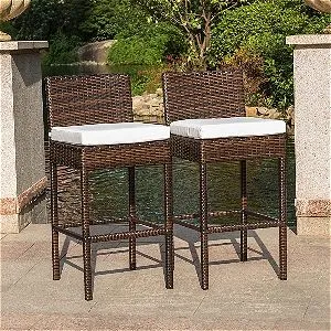 Sundale Outdoor 2 Pcs Brown Wicker Counter Height Bar Stool with Cushions All Weather Patio Furniture Set